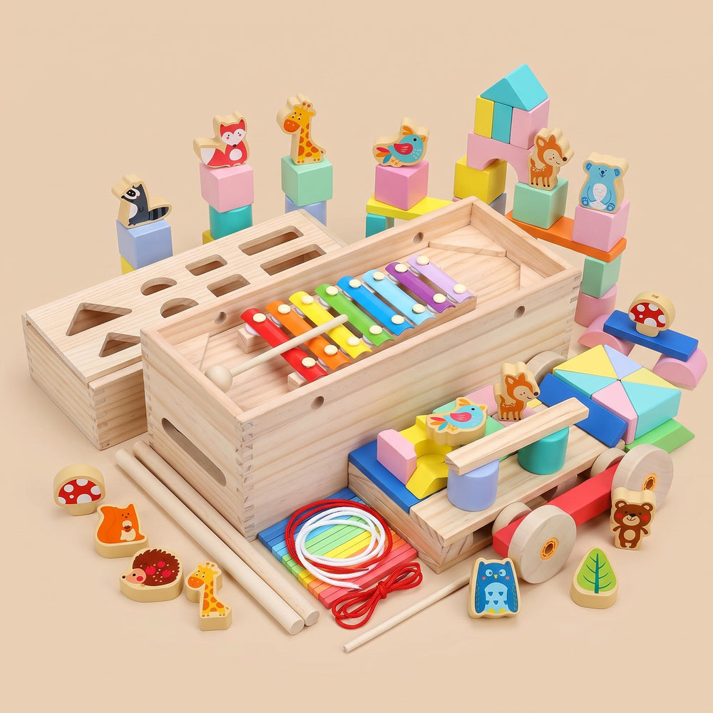 Montessori busy box for toddlers with building blocks threading toys and xylophone
