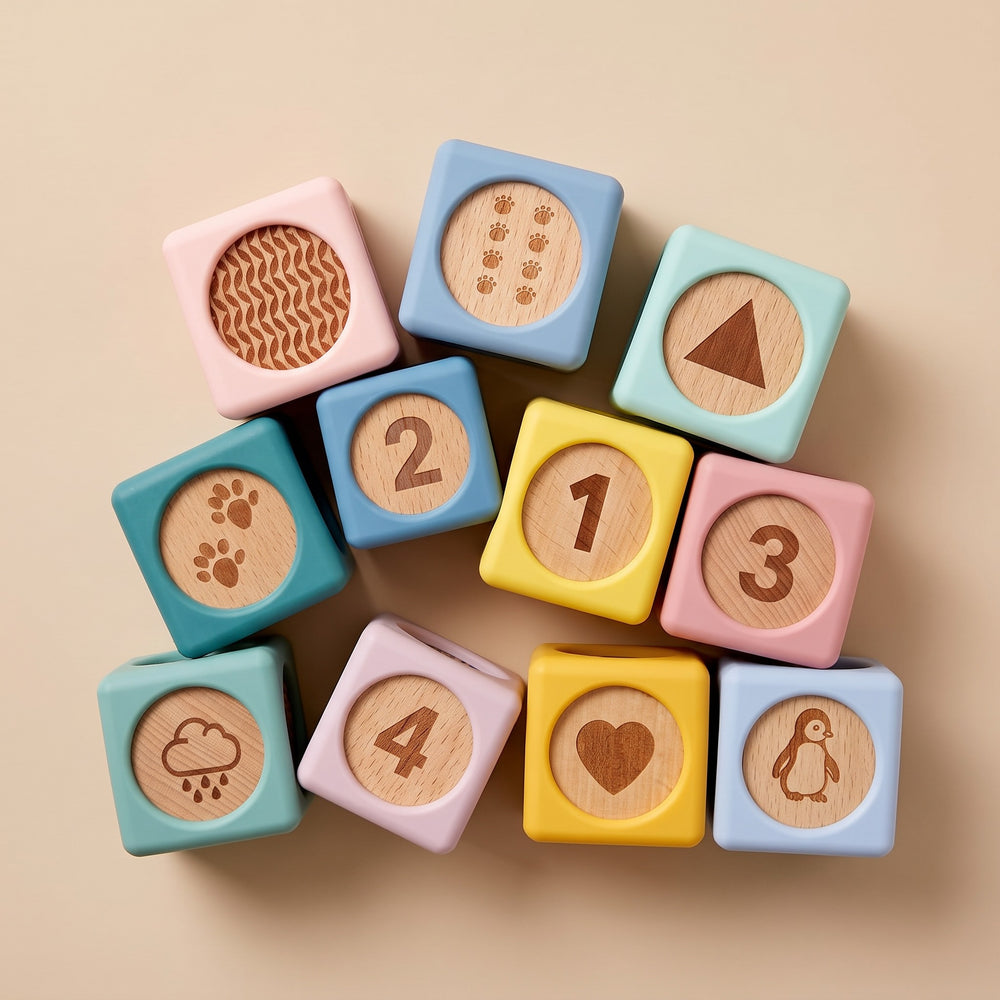 Montessori baby sensory blocks with numbers shapes textures and stacking learning play