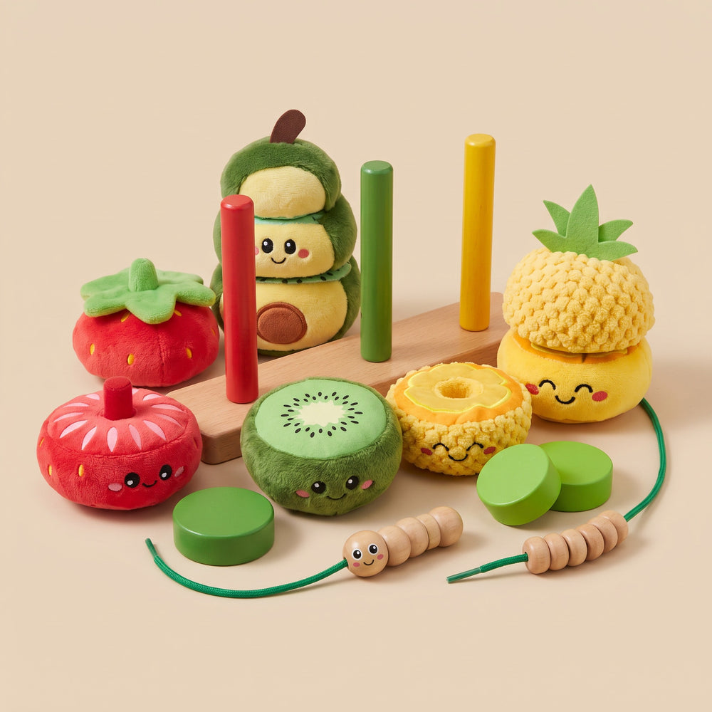 Soft stacking toy for babies with three colourful fruits and caterpillar threading game