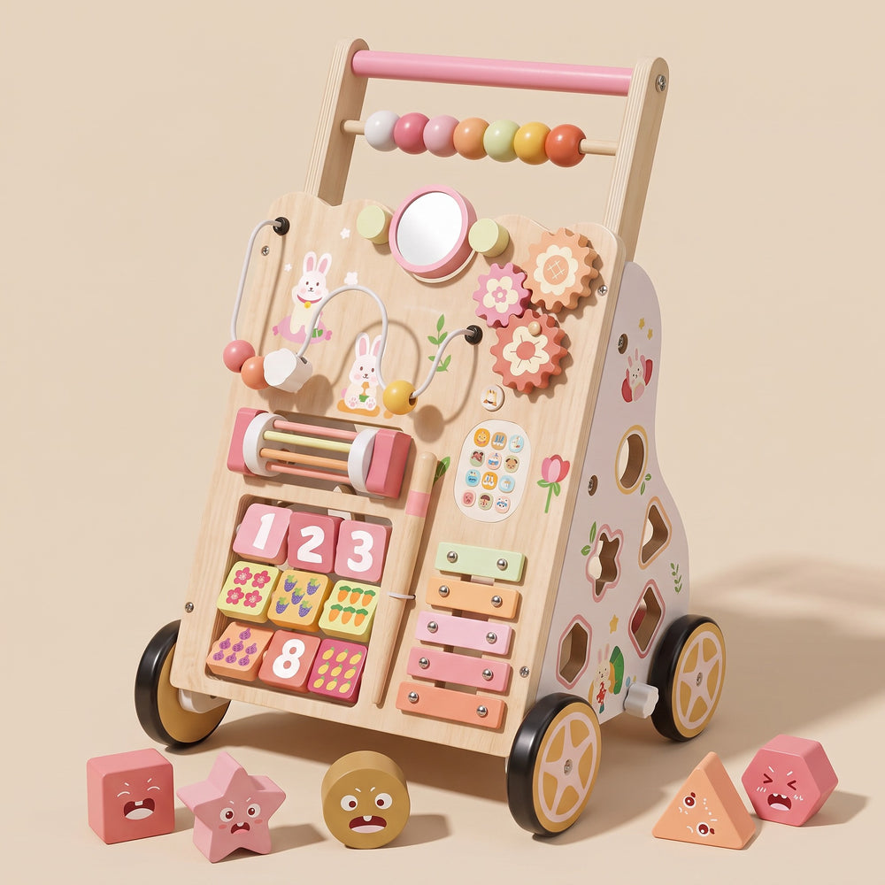 Baby walker activity centre with push handle shape sorter and musical learning toy
