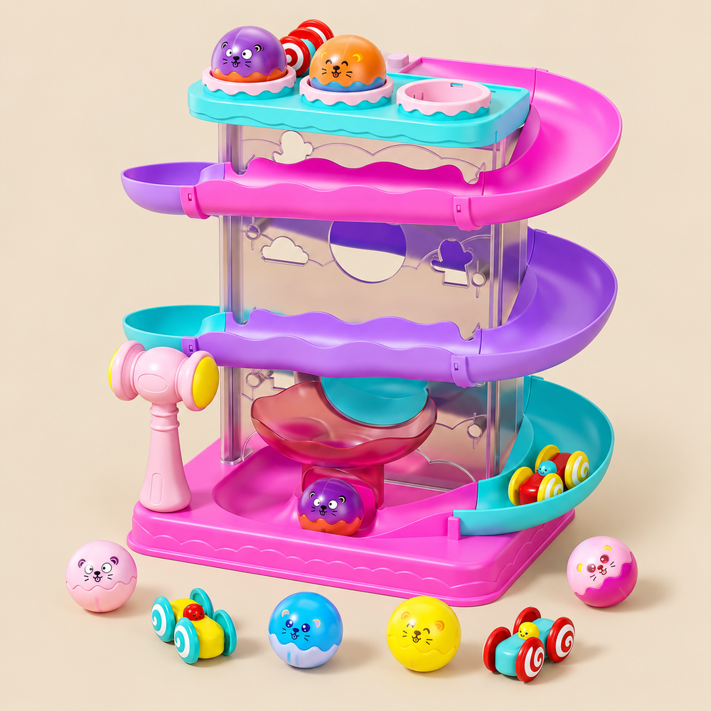 Interactive rolling ball tower for toddlers with light up balls cars and hammer