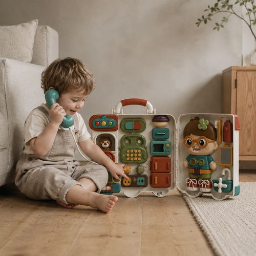 Activity board for toddlers with phone pretend play and fine motor activities