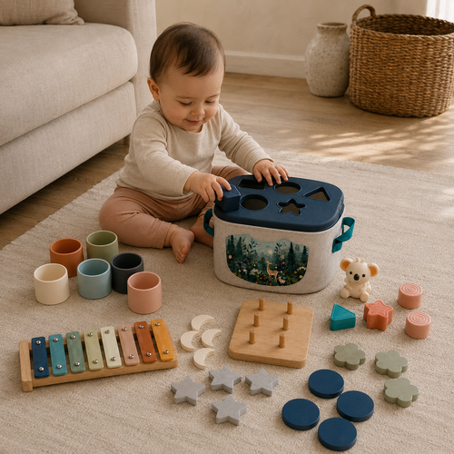 5 in 1 Montessori toy set for babies with shape sorter stacking cups and xylophone